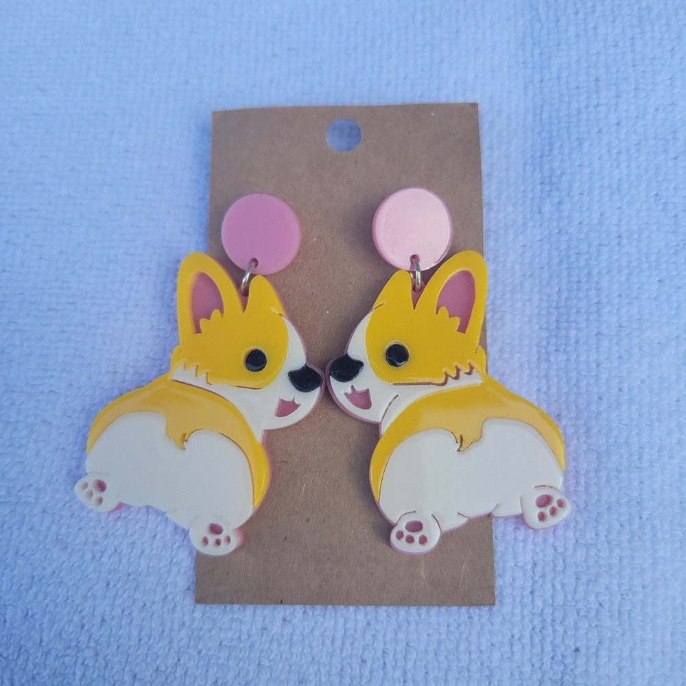 Corgi Dog Acrylic Drop Earrings Pink Yellow Dog Lover‎ Statement Jewelry NEW